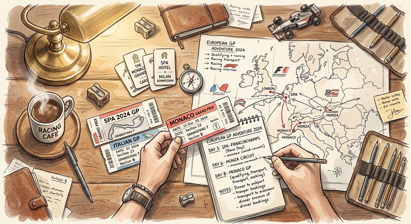 Pencil sketch of a travel advisor's desk with race tickets, maps, hotel cards, and a handwritten itinerary