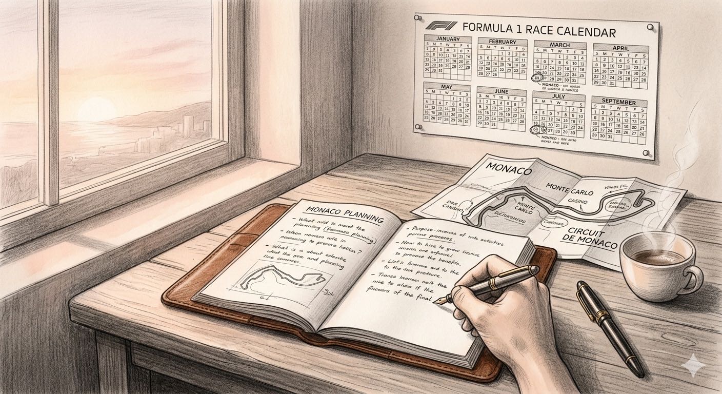 Pencil illustration of a quiet desk by a sunlit window with a Formula 1 race calendar on the wall, a folded map of Monaco on the desk, a leather notebook with handwritten planning notes, and a hand mid-stroke writing with a fountain pen