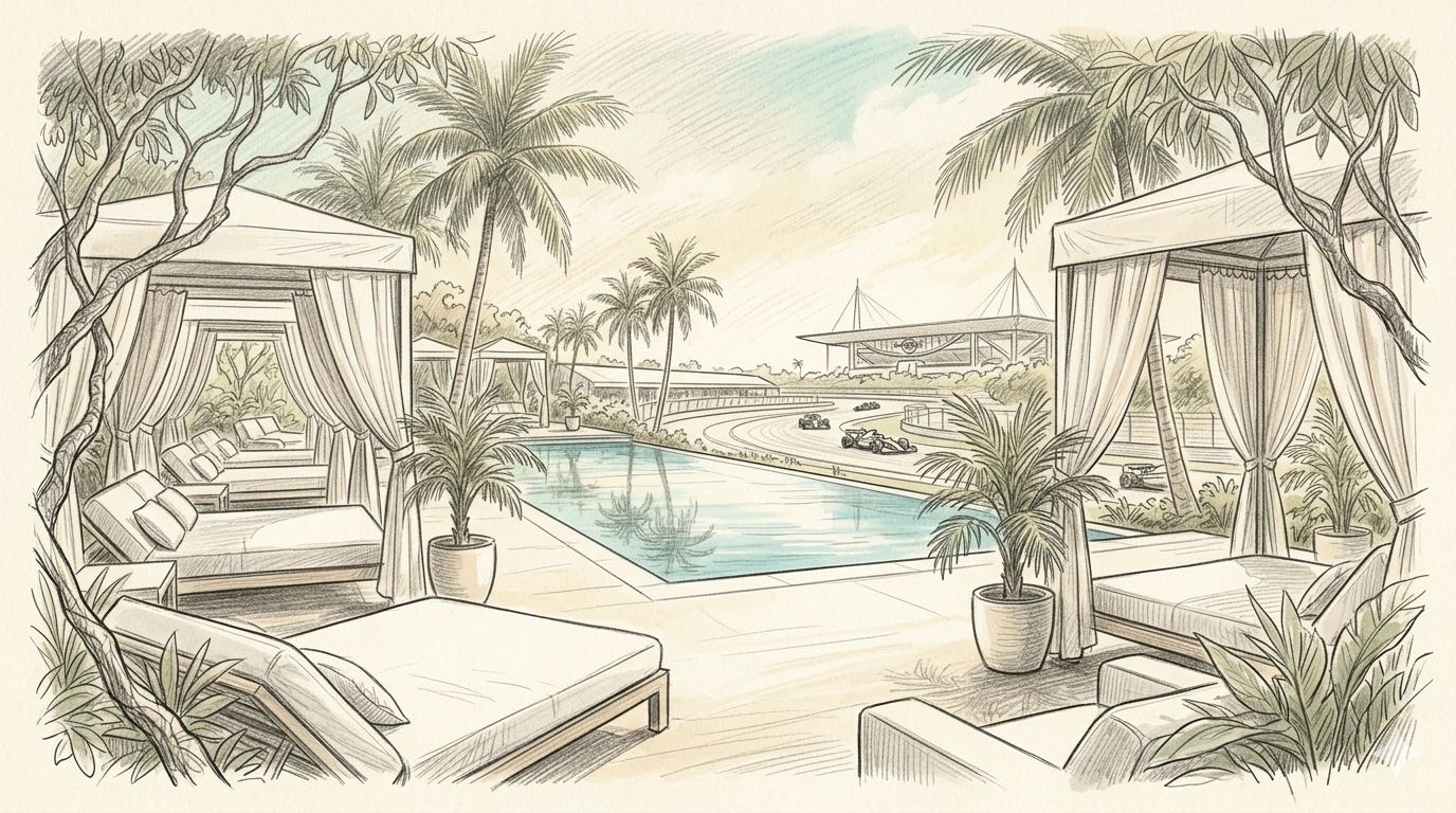 Pencil illustration of a premium beach-club hospitality structure at the Miami Grand Prix, with white-cushioned daybeds, white cabanas with linen drapes, a long infinity pool, palm trees, and the Formula 1 circuit threading past with the Hard Rock Stadium roof in the distance