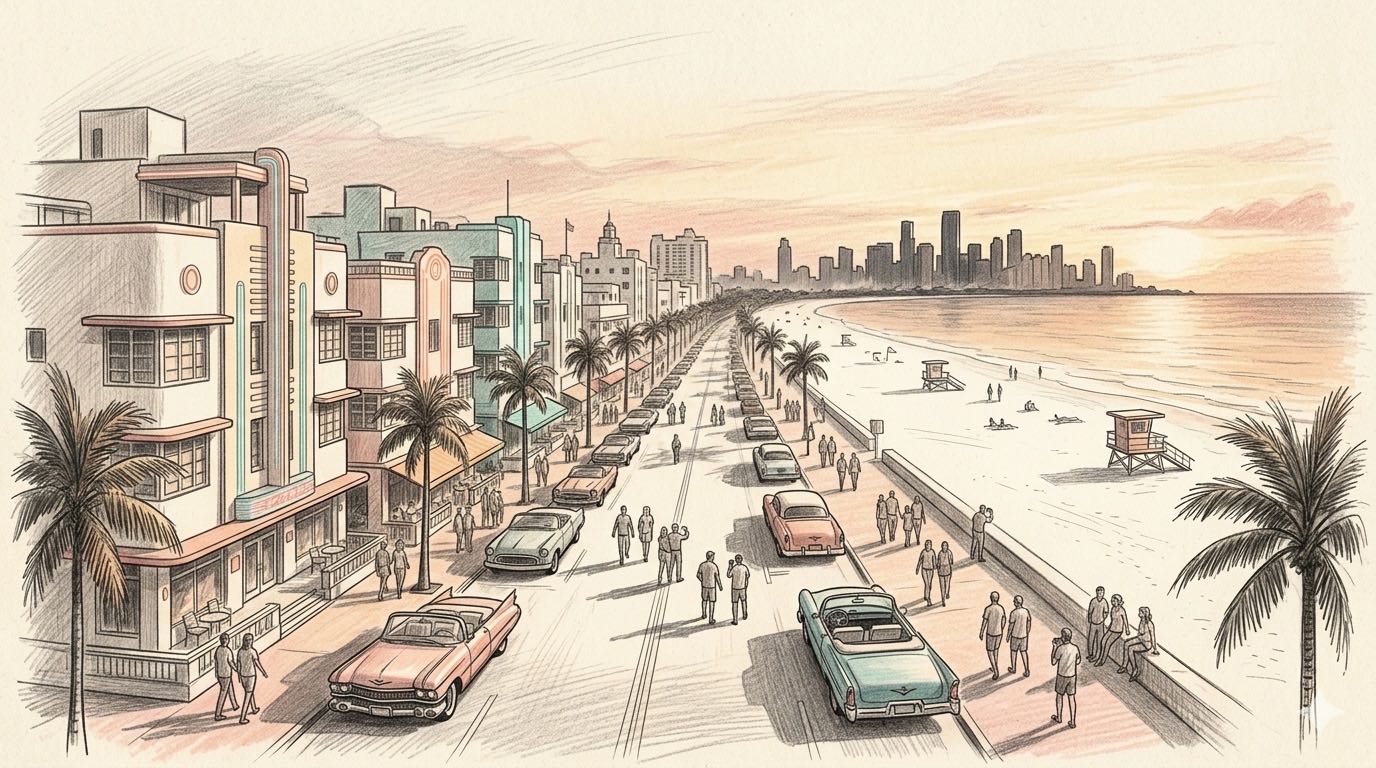 Pencil illustration of Ocean Drive in Miami South Beach at golden hour during Formula 1 race weekend, with Art Deco hotels in pastel colors lining the street, palm trees, vintage convertible cars parked along the sidewalk, the beach and Atlantic Ocean on the right, and the Miami downtown skyline in the distance