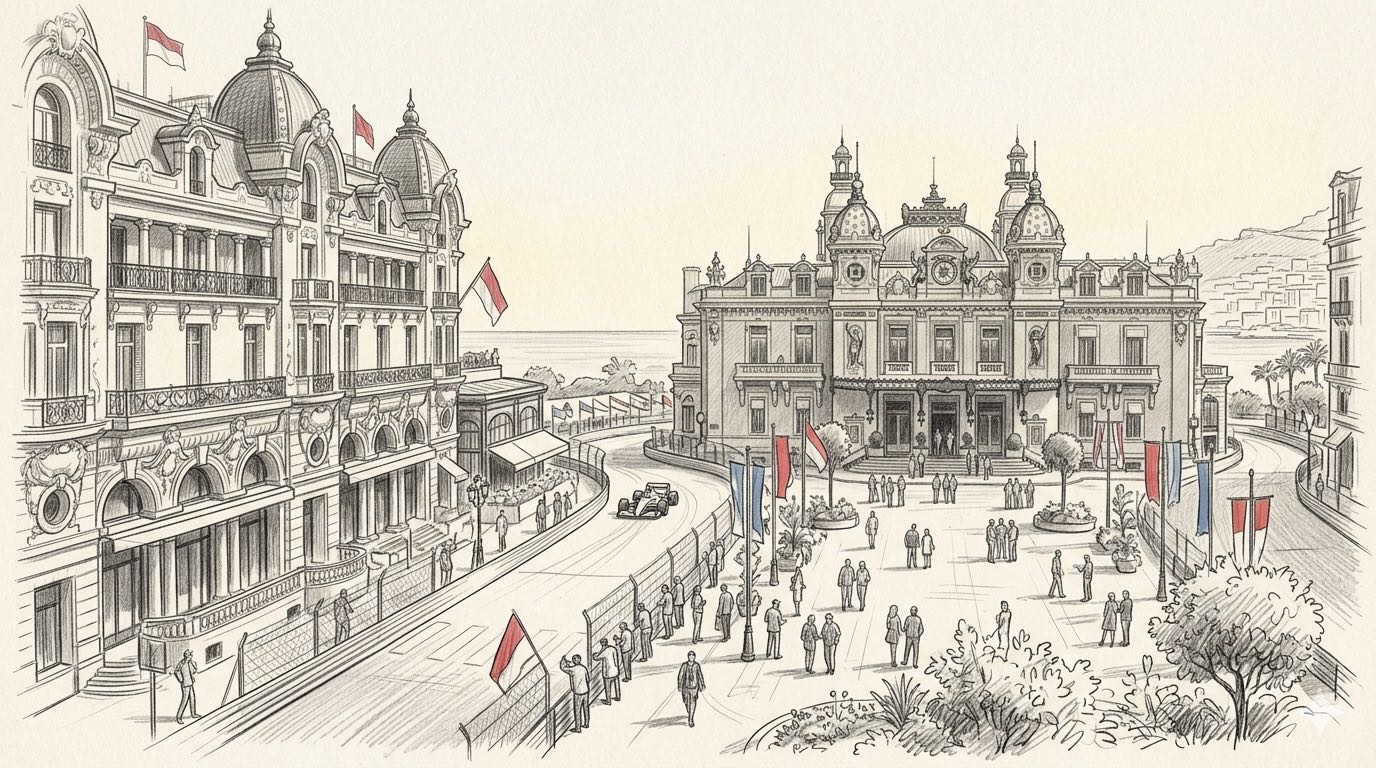 Pencil illustration of Casino Square in Monte Carlo during Formula 1 race week, with the Hotel de Paris on the left, the Casino de Monte-Carlo on the right, a Formula 1 car on the track, and red Monégasque flags around the square