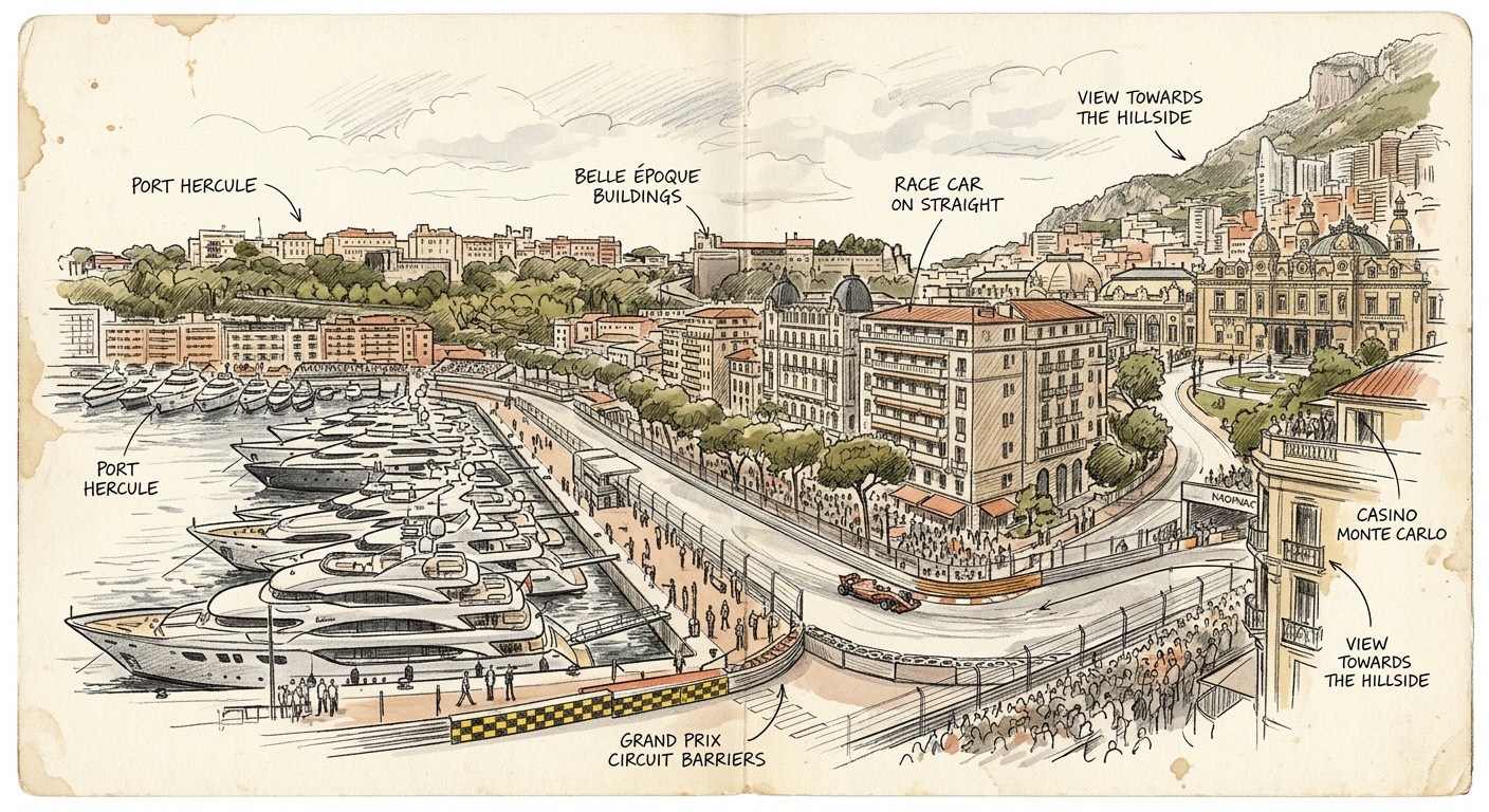 Pencil sketch of the Monaco harbour during the Grand Prix weekend with superyachts and Belle Époque buildings